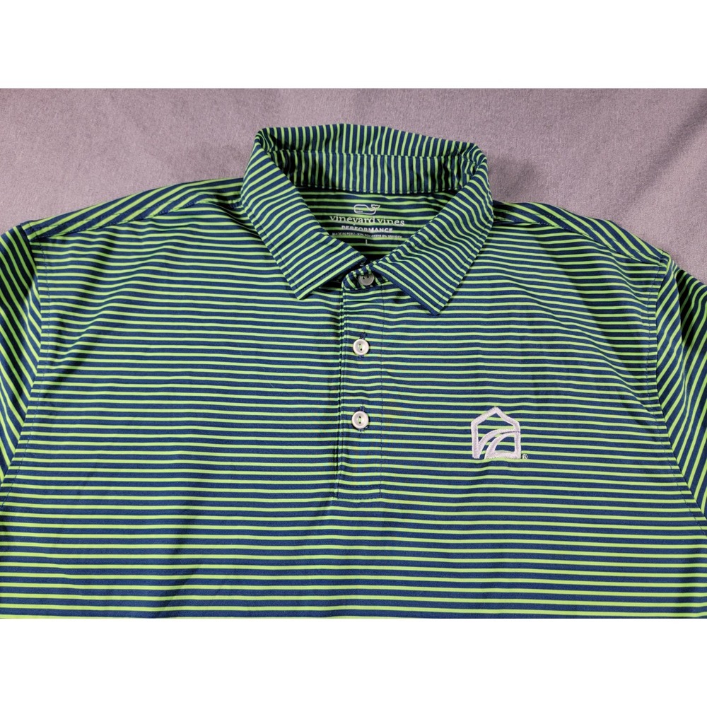 Vineyard Vines Mens Polo Performance Striped Large Blue Neon Green, Short Sleeve